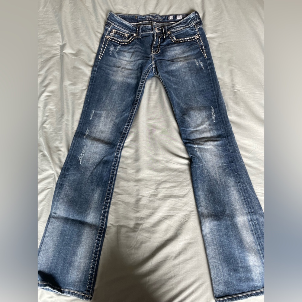 Miss me jeans, Size 30, dark wash distressed, boot cut